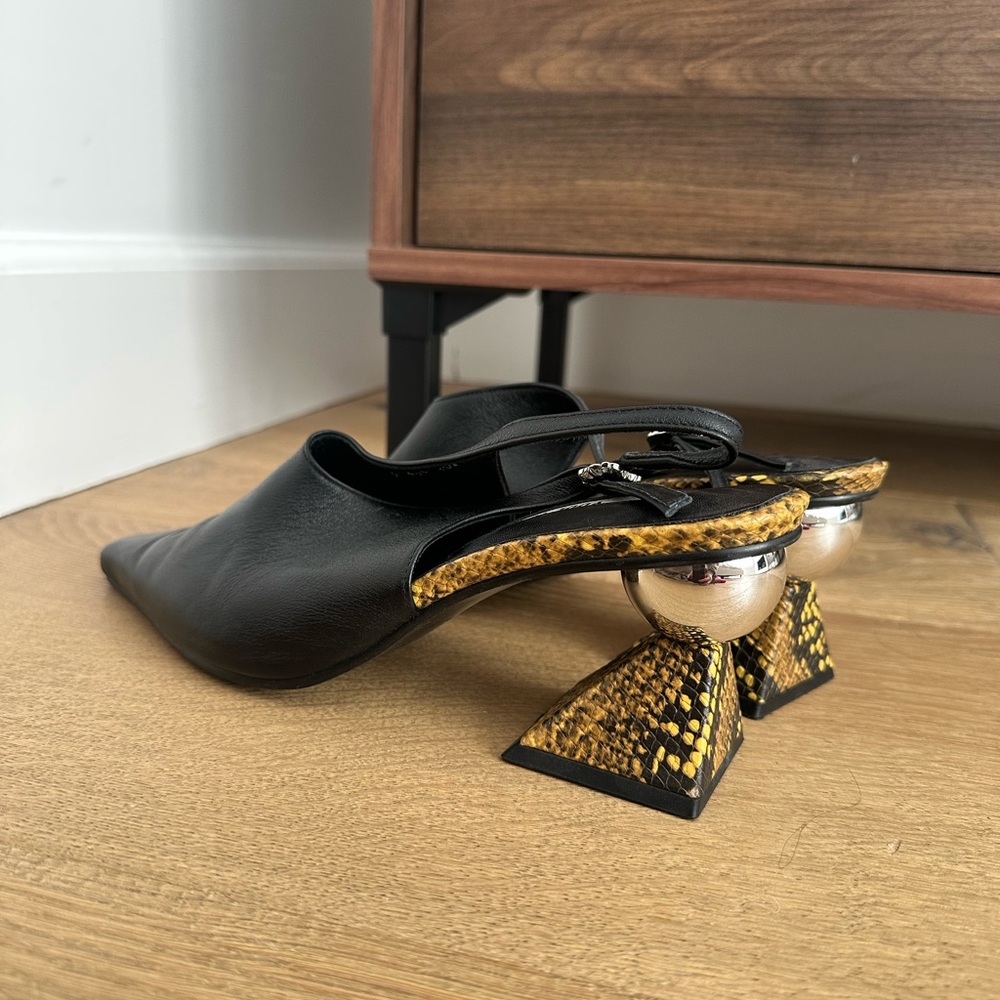 Black & Yellow Slingback pumps w sculptural block heel & mirror ball accent.US9 - Picture 11 of 16